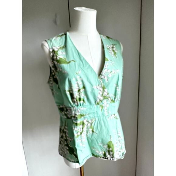 VTG 90s Cotton Peplum Mint Green Blouse Size L-10 Floral Print Retro Cottagecore - Picture 3 of 8